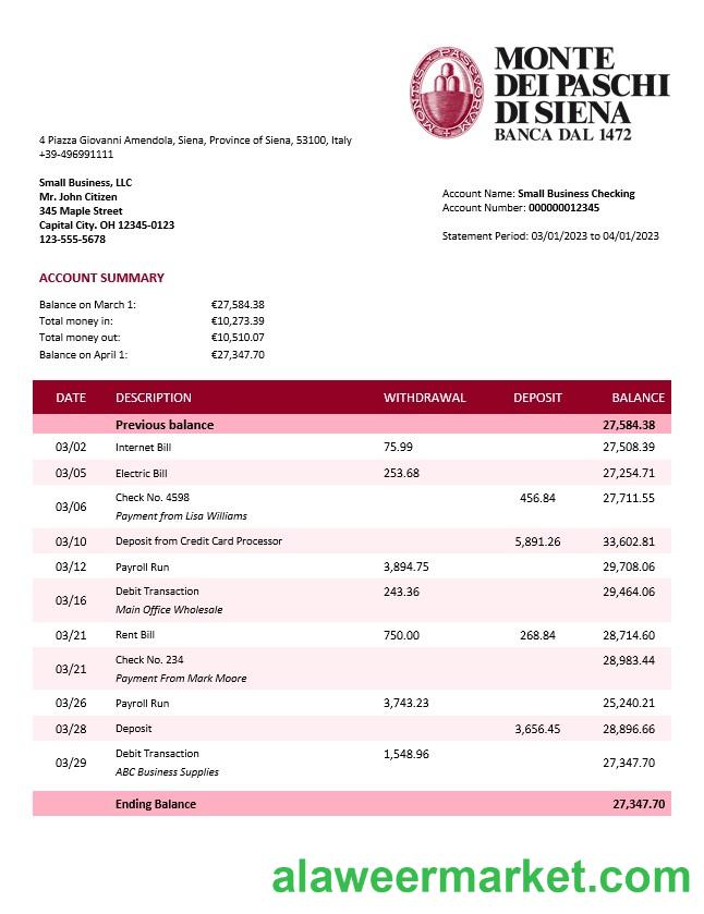 Monte dei Paschi di Siena firm account statement Word and PDF template